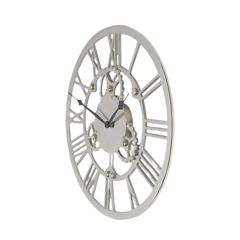 Metal Silver Cog Design Round Wall Clock