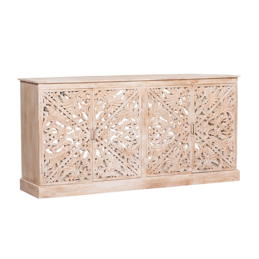 Solmere Ornate Carved Mango Wood Sideboard with Mirror Doors