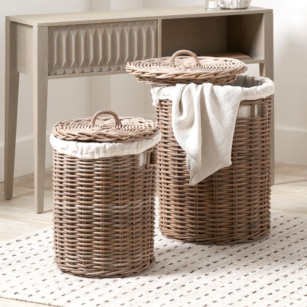 Kubu Grey Round Linen Baskets (Set of 2)