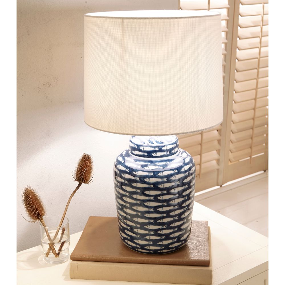 Ceramic Schoal Blue and White Fish Detail Table Lamp