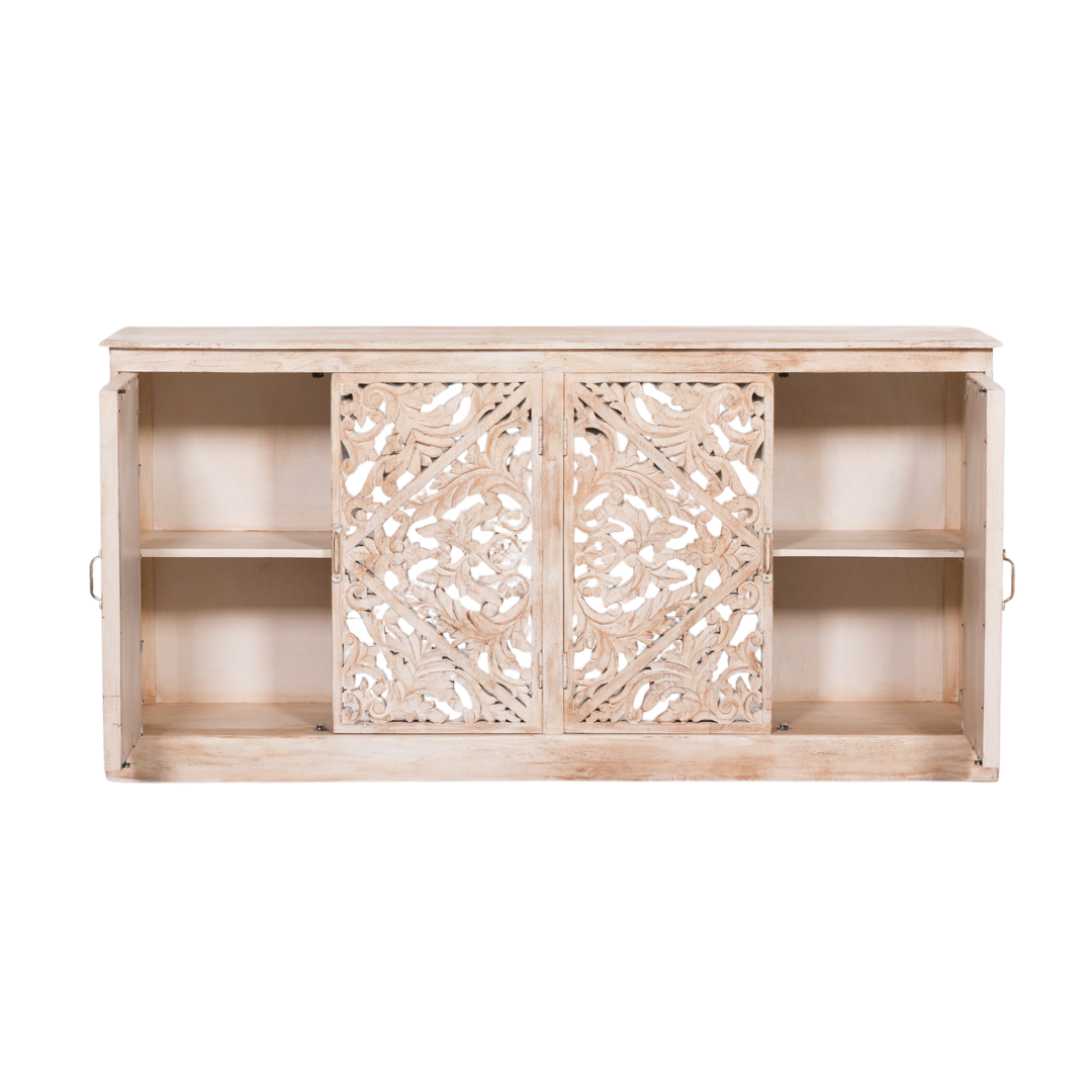 Solmere Ornate Carved Mango Wood Sideboard with Mirror Doors