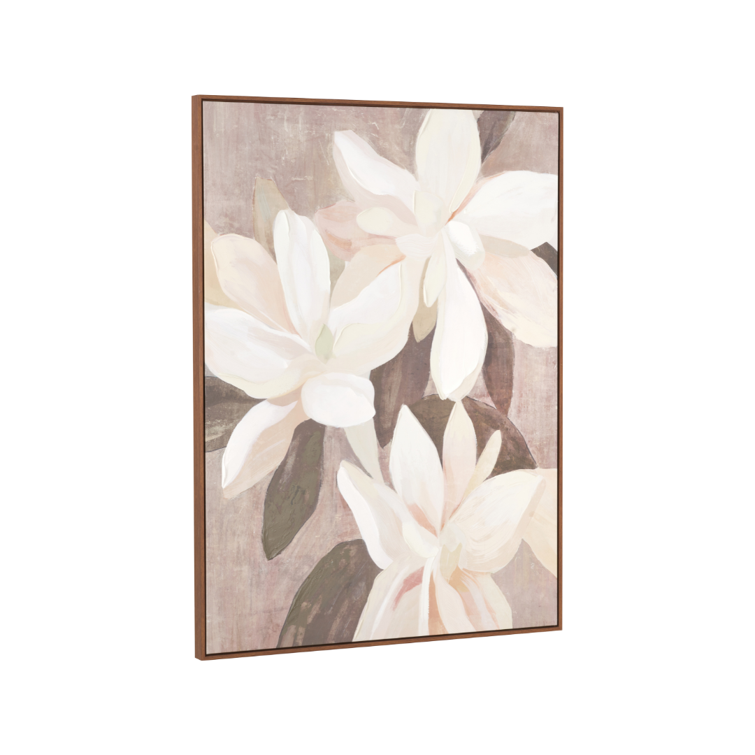 White and Natural Floral Canvas with Oak Effect Frame