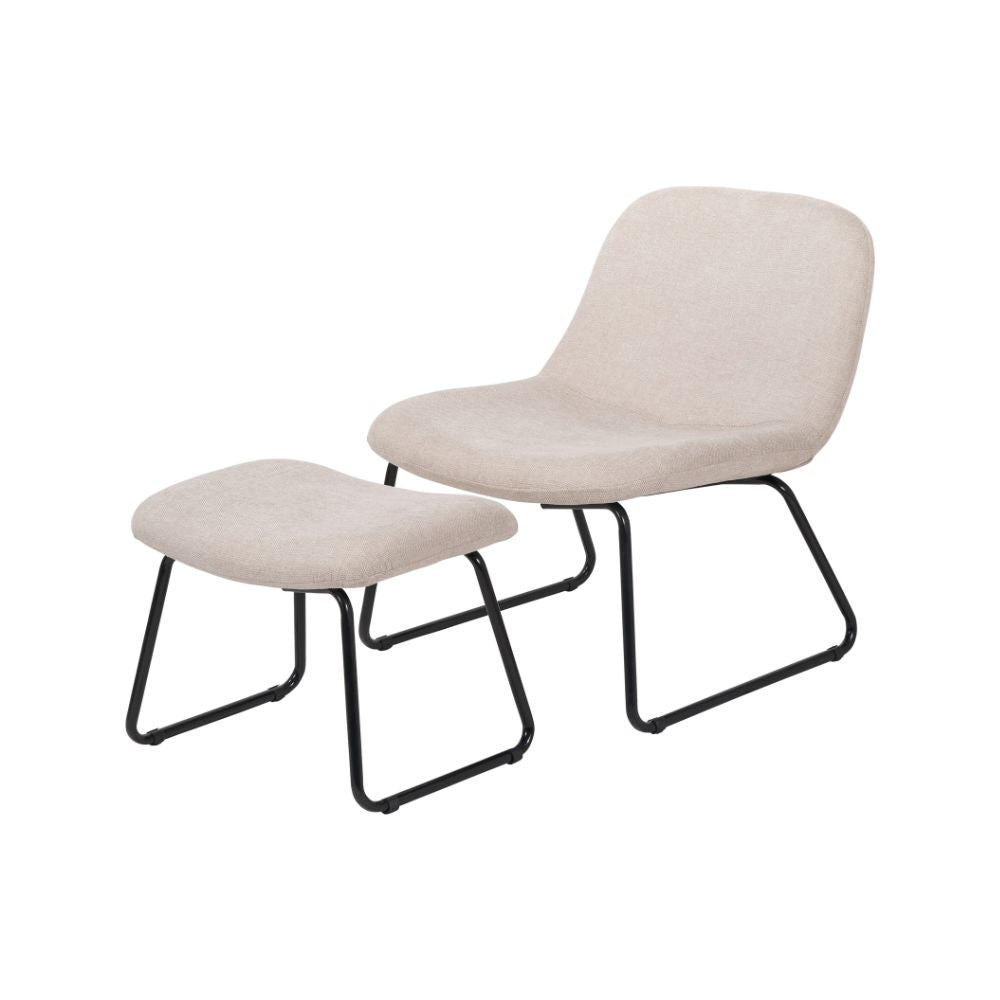 Chiara Natural Chenille and Black Metal Lounging Chair and Footstool