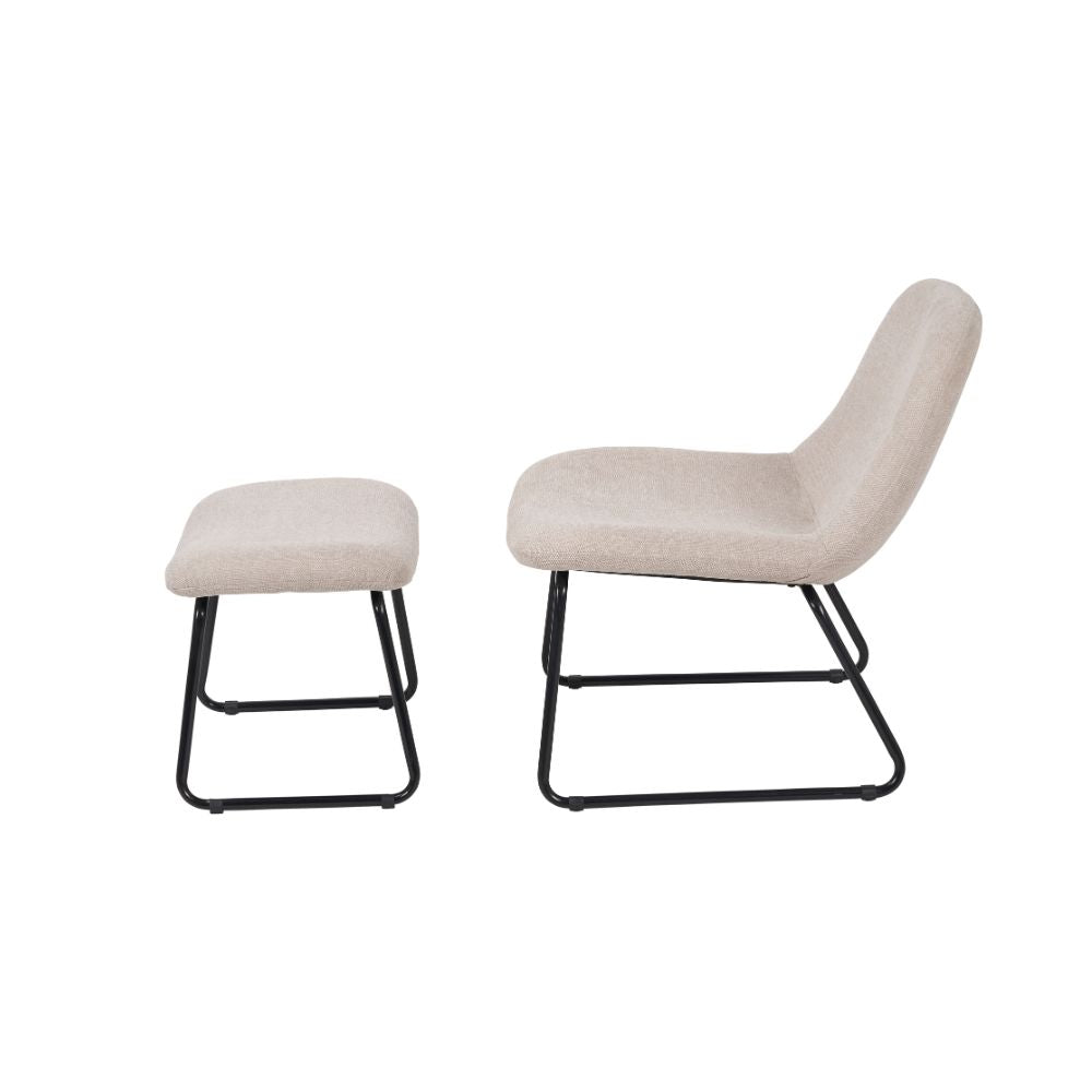 Chiara Natural Chenille and Black Metal Lounging Chair and Footstool