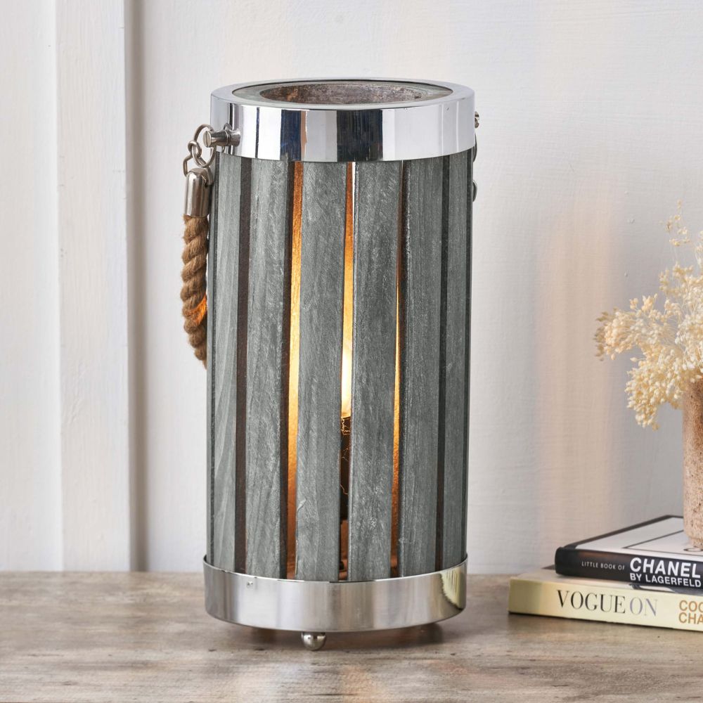 Austell Pine Wood Grey Wash Small Lantern Table Lamp