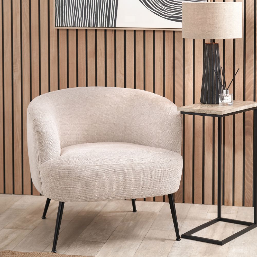 Aviana Natural Chenille and Black Metal Tub Armchair