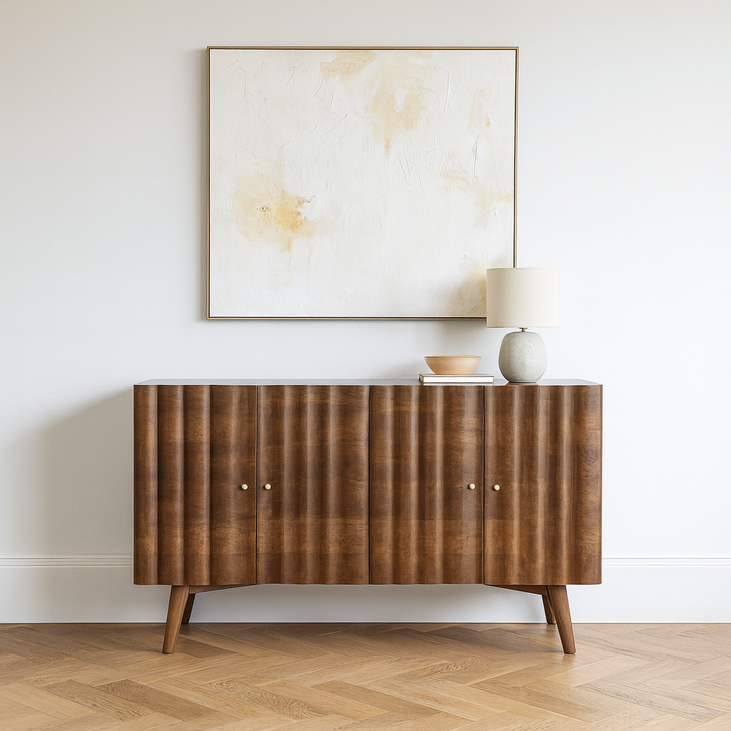 Aranya Solid Wood 4 Door Marble Top Carved Sideboard