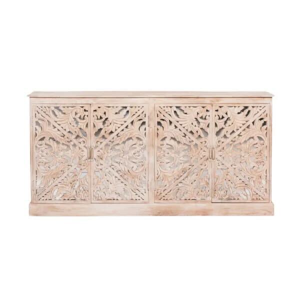 Solmere Ornate Carved Mango Wood Sideboard with Mirror Doors