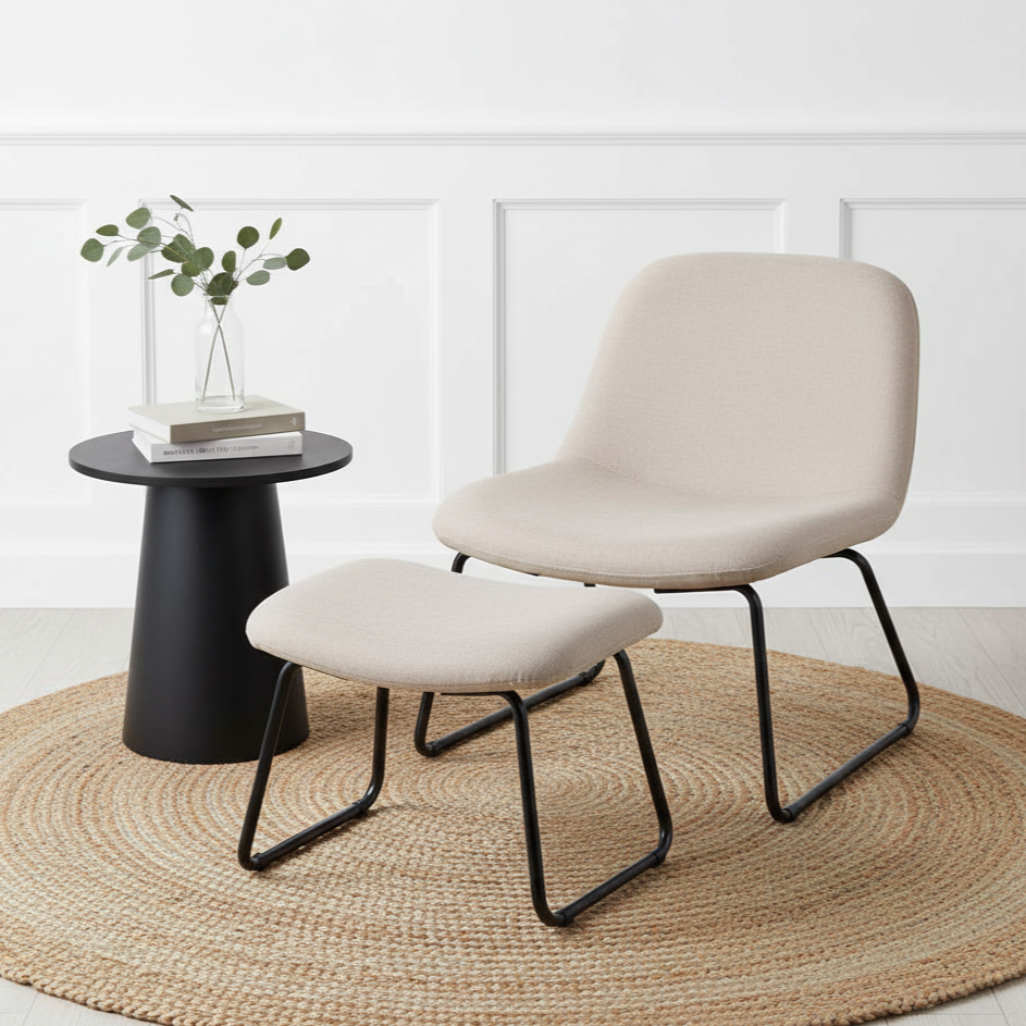 Chiara Natural Chenille and Black Metal Lounging Chair and Footstool