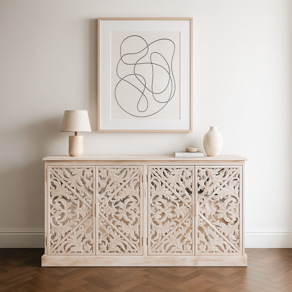Solmere Ornate Carved Mango Wood Sideboard with Mirror Doors