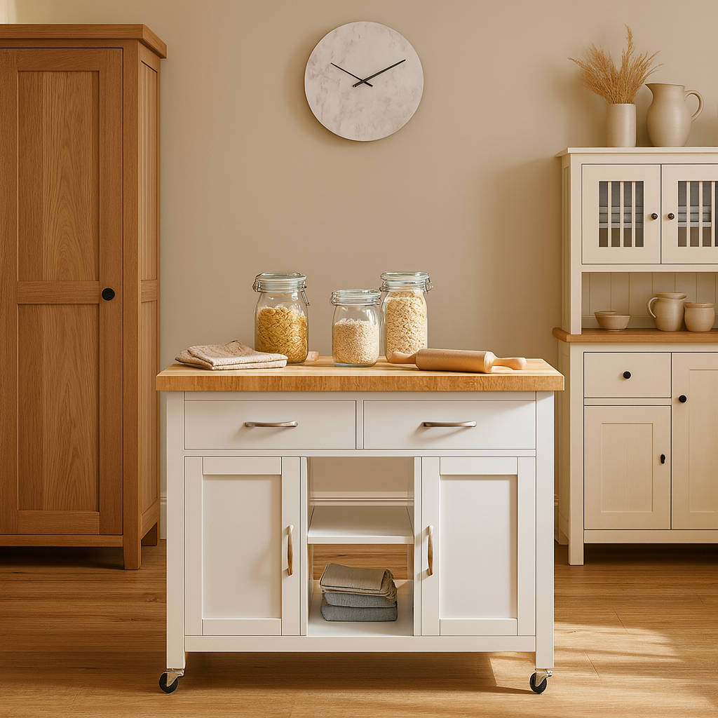 Savannah White Kitchen Island With Butchers Block
