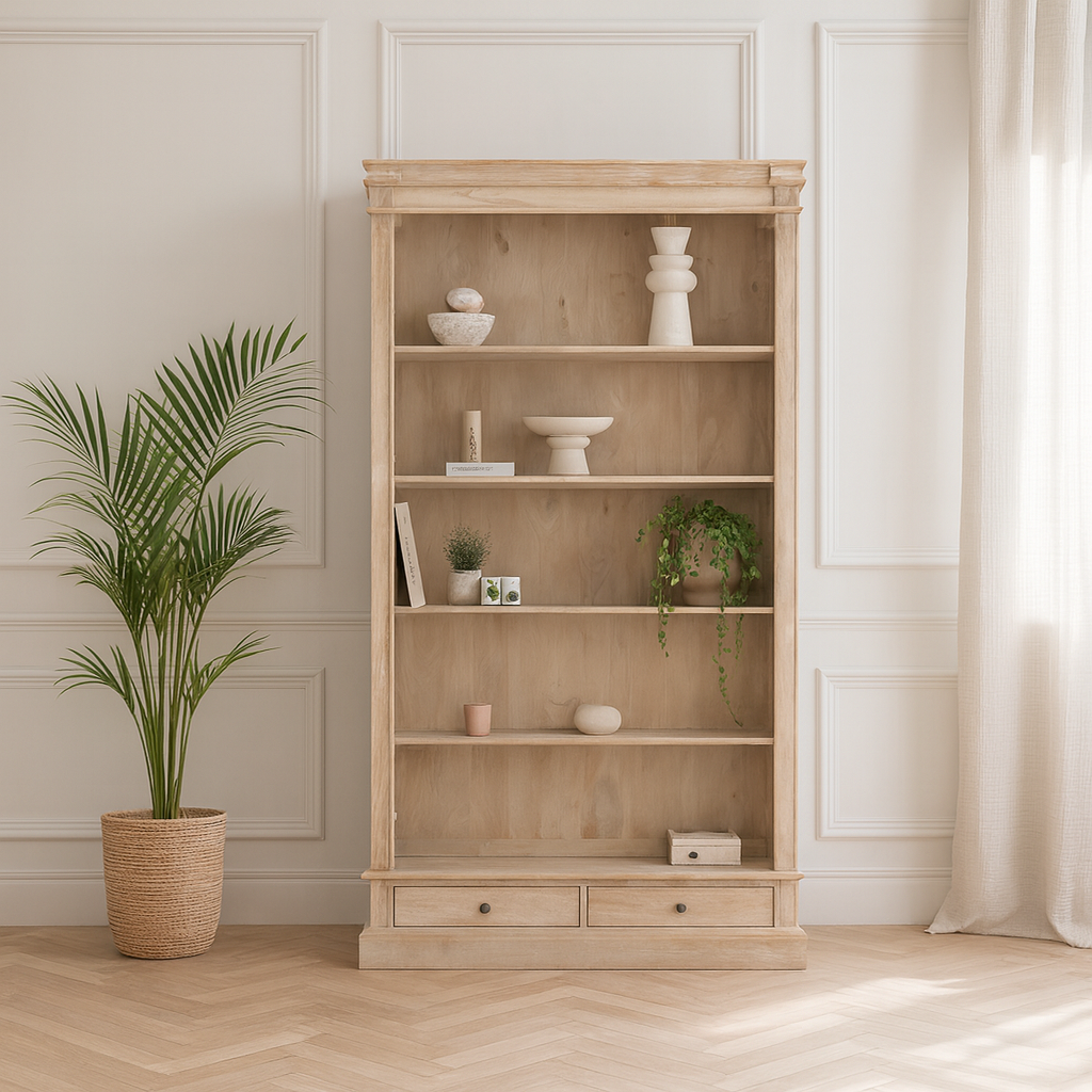 Blanche Rustic Mango Wood Bookcase with Open Drawers