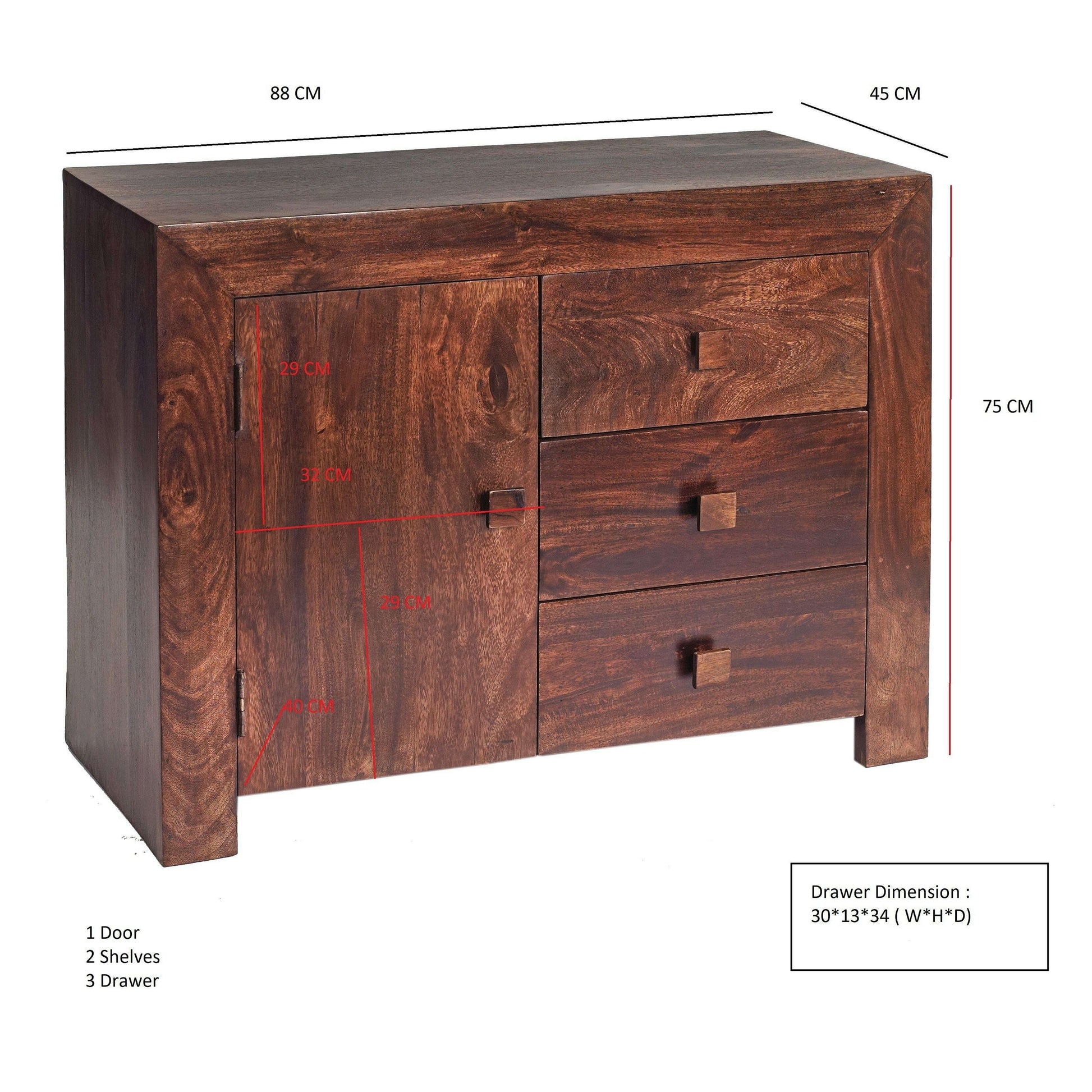 Toko Dark Mango Wood 3 Drawer Sideboard - Sideboard - Heart of Kitchens