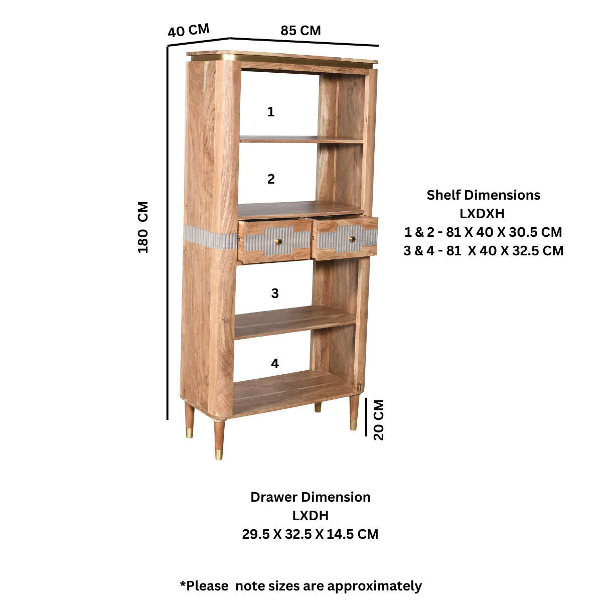 Hawksy Acacia Wood 2 Drawers Open Bookcase