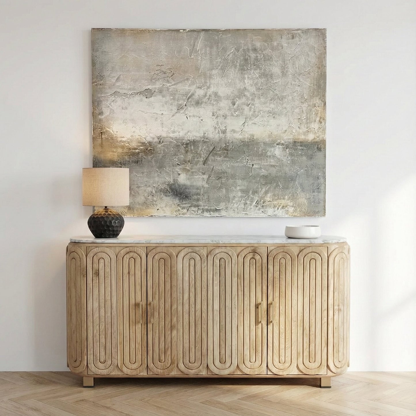 Aranya Solid Wood Capsule Design Marble Top Sideboard