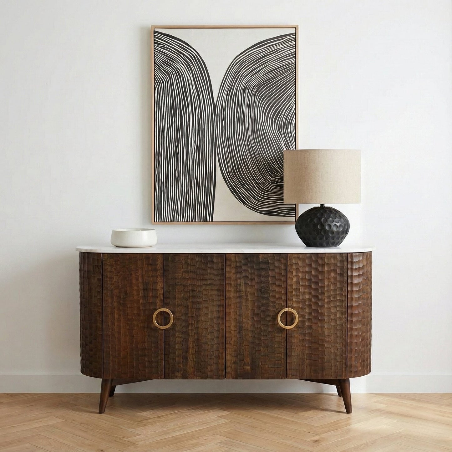 Aranya Solid Wood 4 Door Chiselled Sideboard