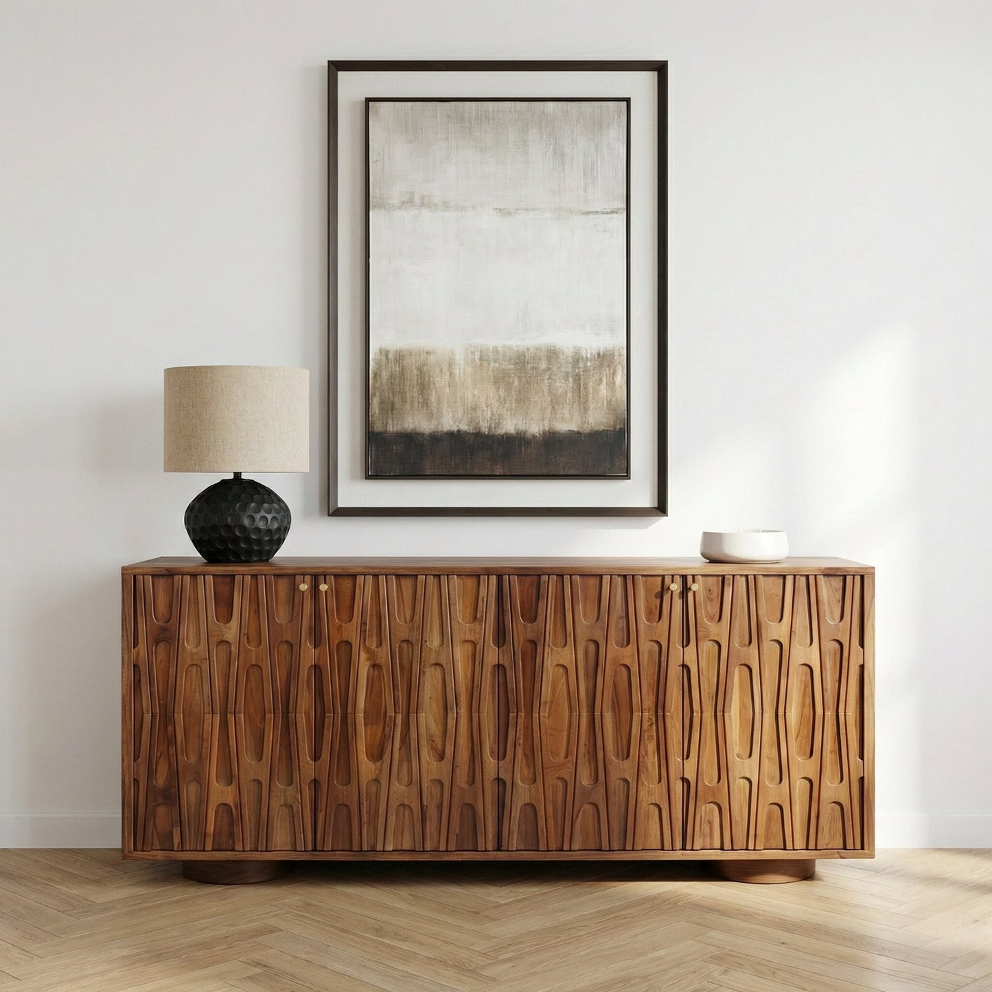 Aranya Solid Wood 4 Door Retro Carved Sideboard