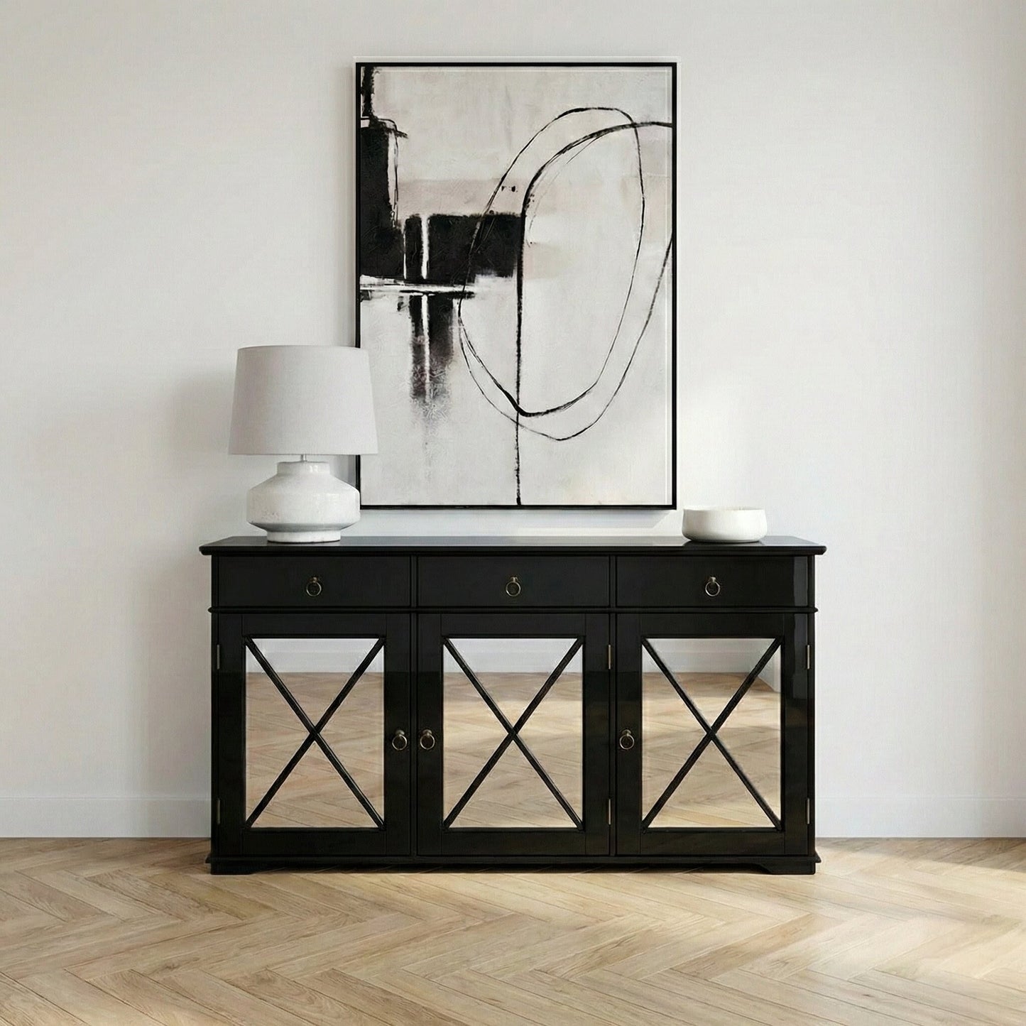 Nocturne Black Oriental Sideboard with Mirrored Doors