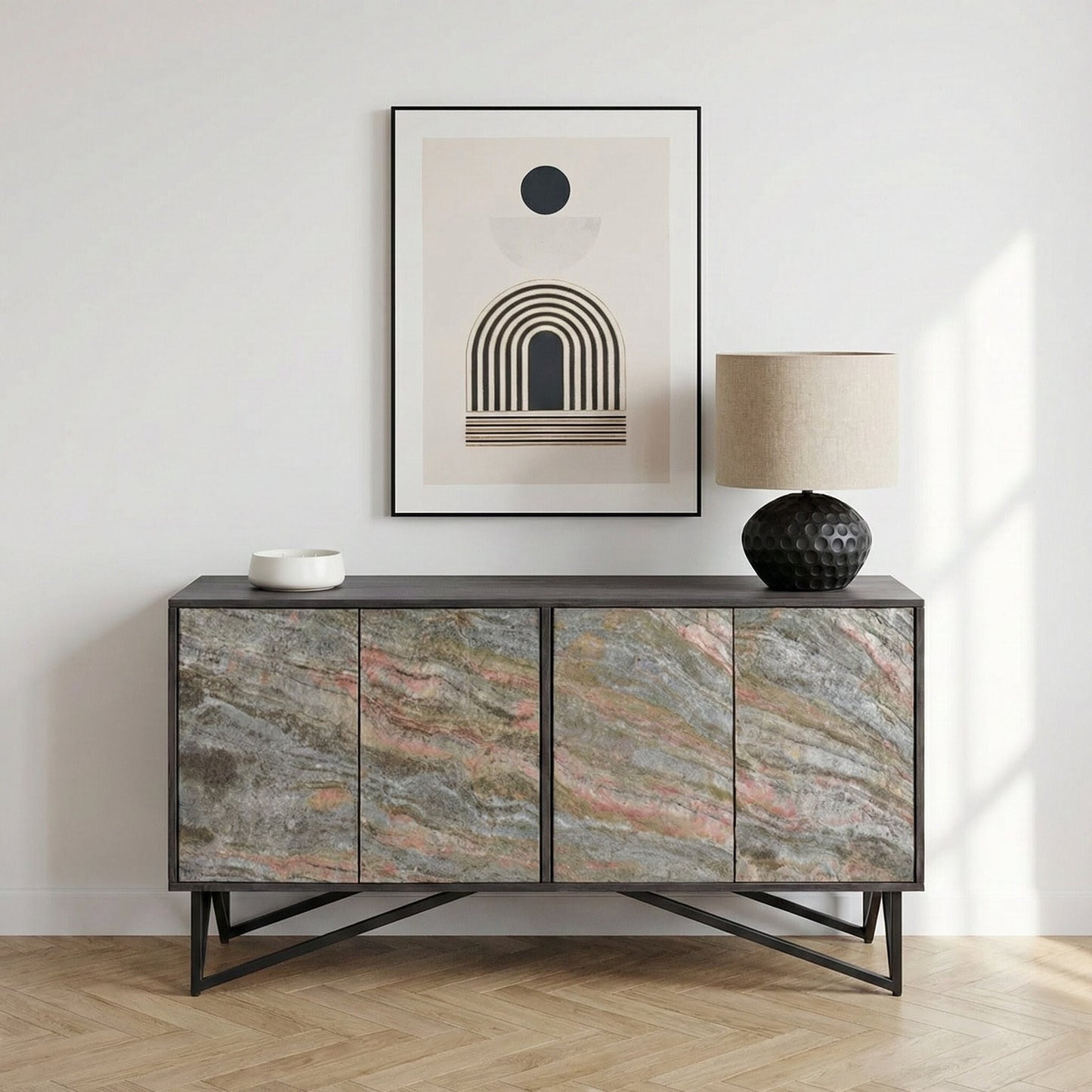 Verde Black Mango Wood and Stone Veneer 4 door Sideboard