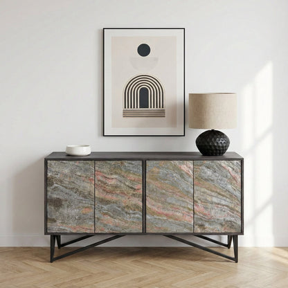 Verde Black Mango Wood and Stone Veneer 4 door Sideboard