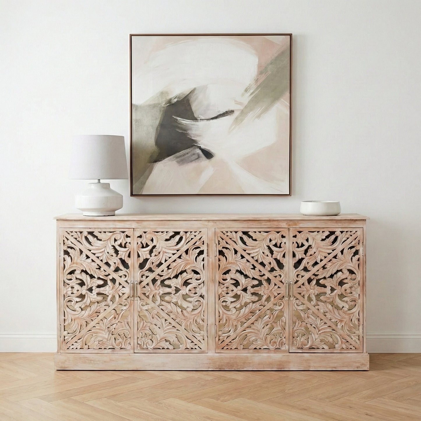Solmere Ornate Carved Mango Wood Sideboard with Mirror Doors