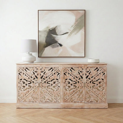 Solmere Ornate Carved Mango Wood Sideboard with Mirror Doors