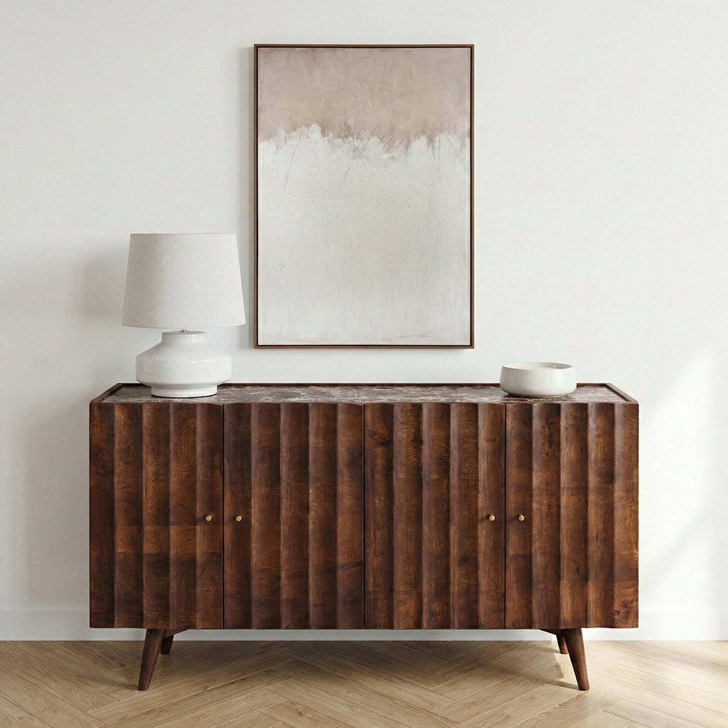 Aranya Solid Wood 4 Door Marble Top Carved Sideboard
