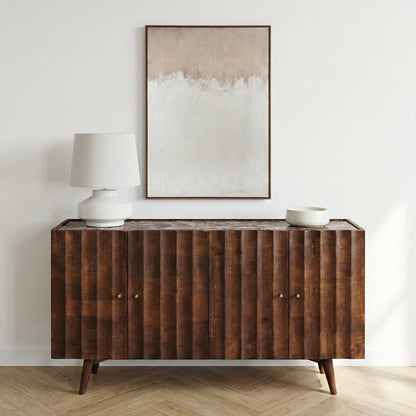 Aranya Solid Wood 4 Door Marble Top Carved Sideboard