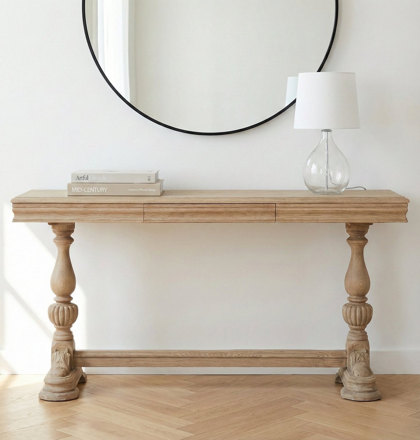 Arbouré Rustic White Cedar Console Table with Carved Drawer