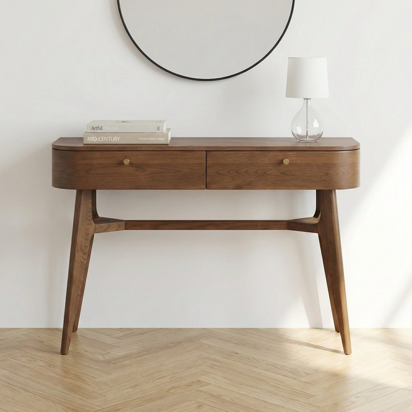 Elias Dark Ash Wood Retro 2 Drawer Console Table