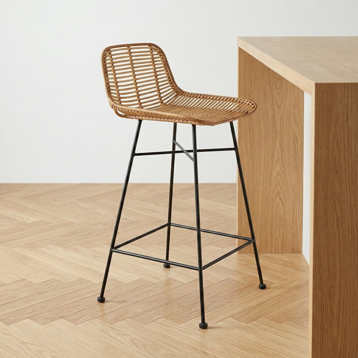 Rattan Core and Black Metal Bar Stool