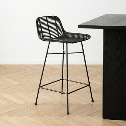 Rattan Core and Black Metal Bar Stool