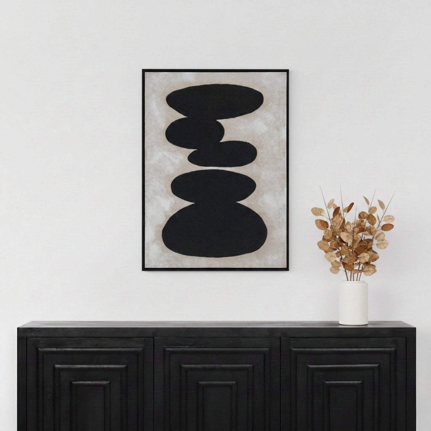 Black and Natural Stone Design Canvas Wall Art with Black Frame
