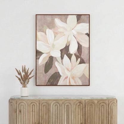 White and Natural Floral Canvas with Oak Effect Frame