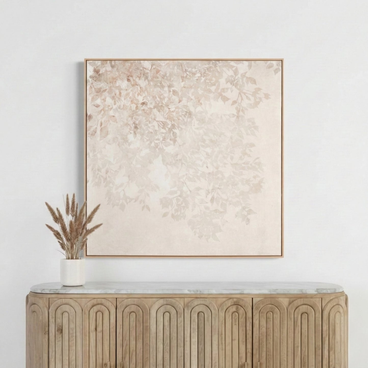 White and Natural Floral Square Canvas with Natural Frame