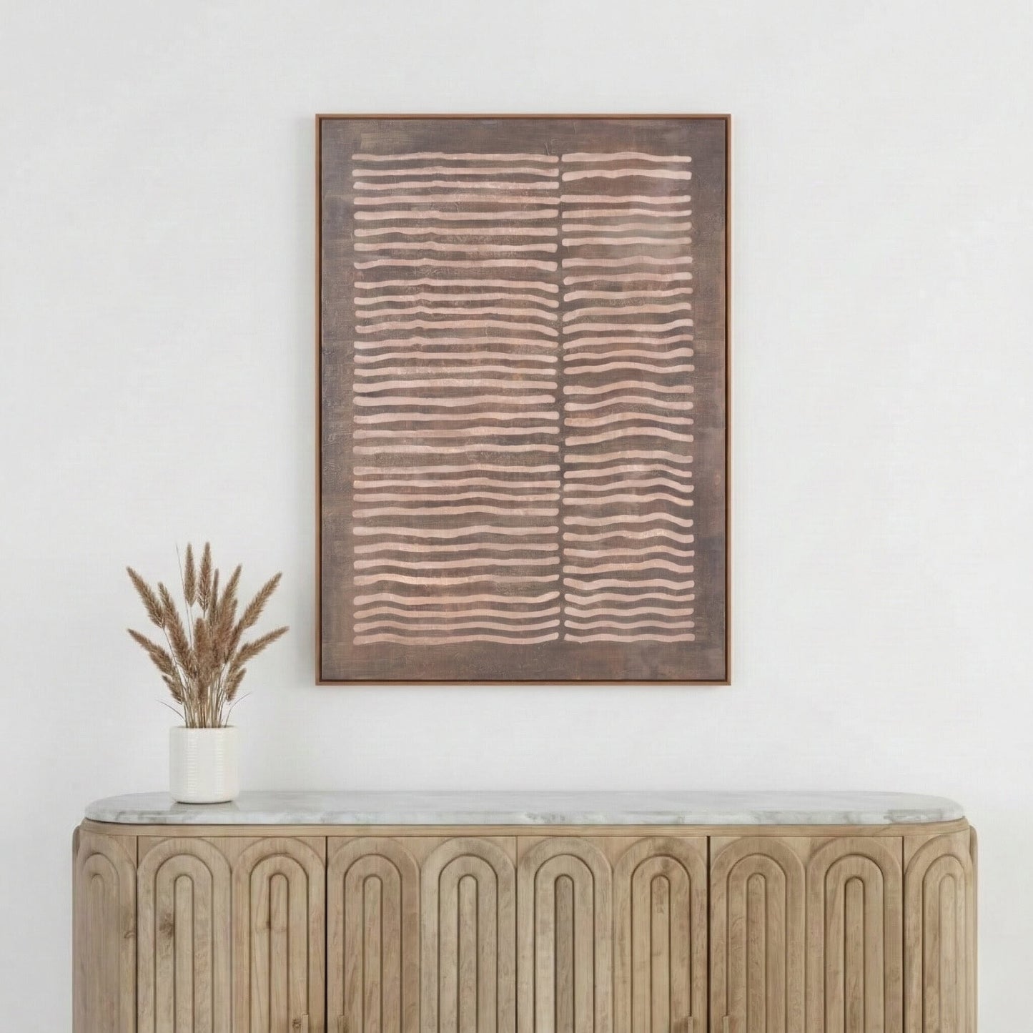 Brown and Natural Linear Design Canvas with Oak Effect Frame