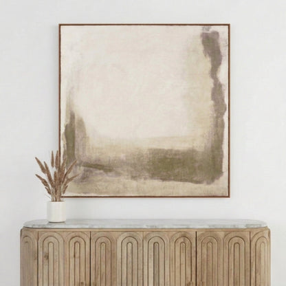Green and Natural Abstract Square Hessian Canvas with Oak Effect Frame