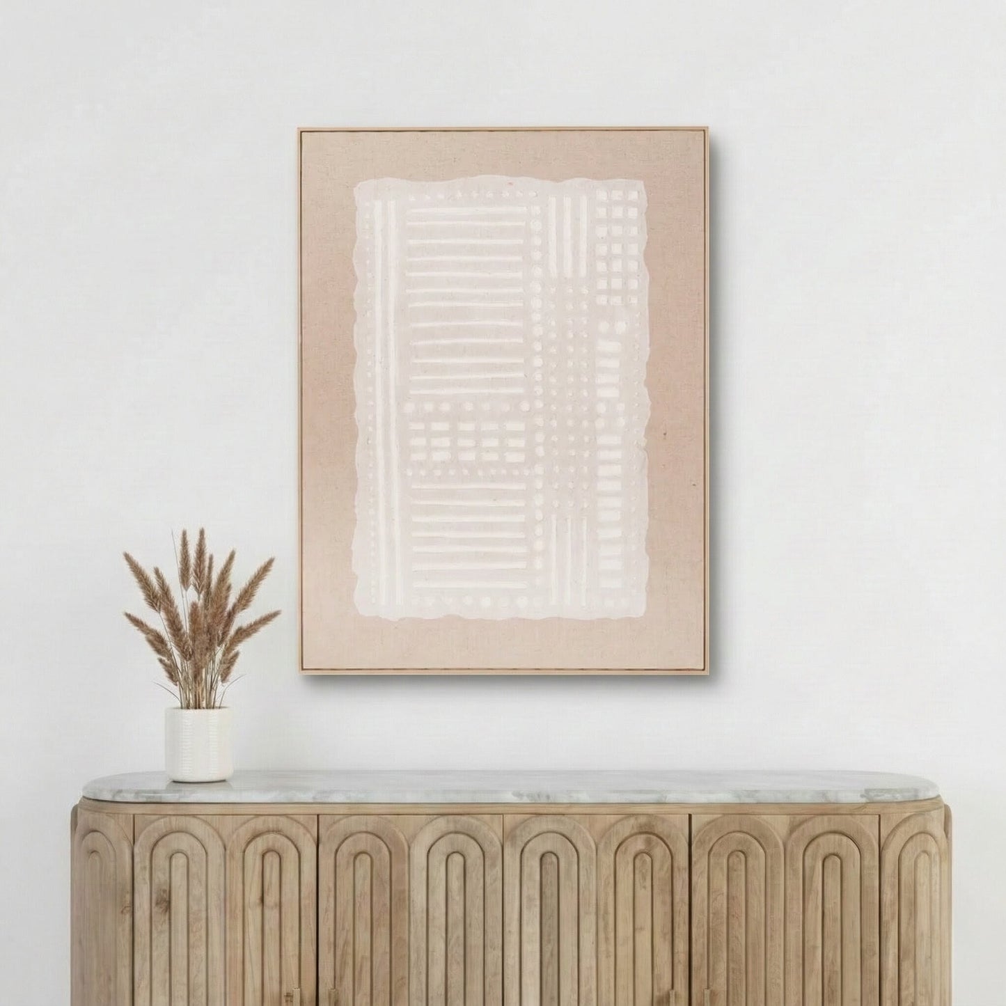 White and Natural Abstract Design Linen Canvas with Elm Effect Frame