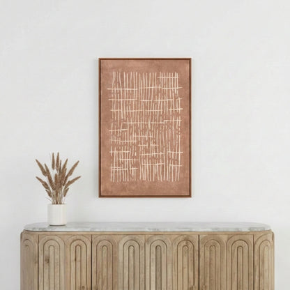 Brown and Natural Abstract Linear Design Canvas with Oak Effect Frame