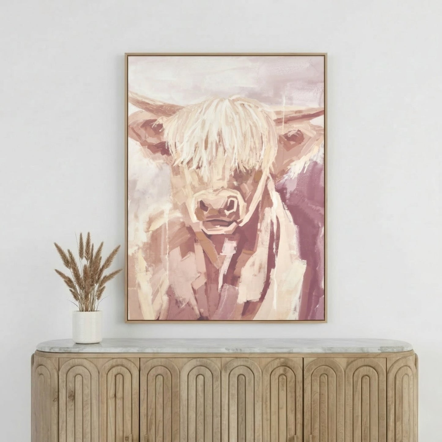 Mulberry and Naturals Highland Cow Canvas with Oak Effect Frame