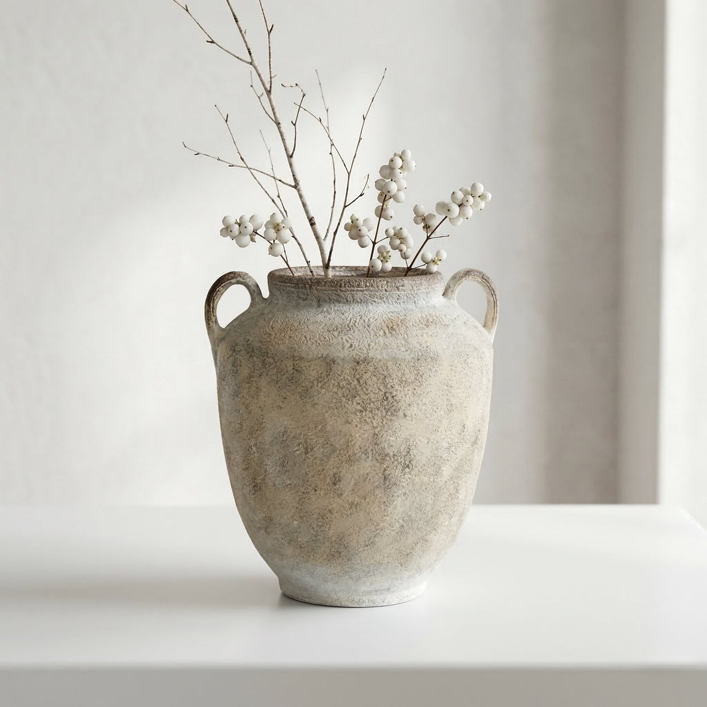 Natural Textured Fibrestone Decorative Vase with Handles