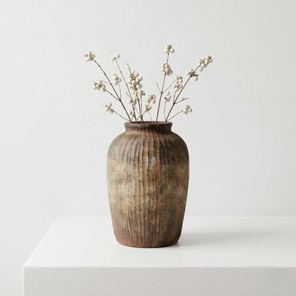 Rustic Brown Fibrestone Vertical Ribbed Decorative Vase Tall