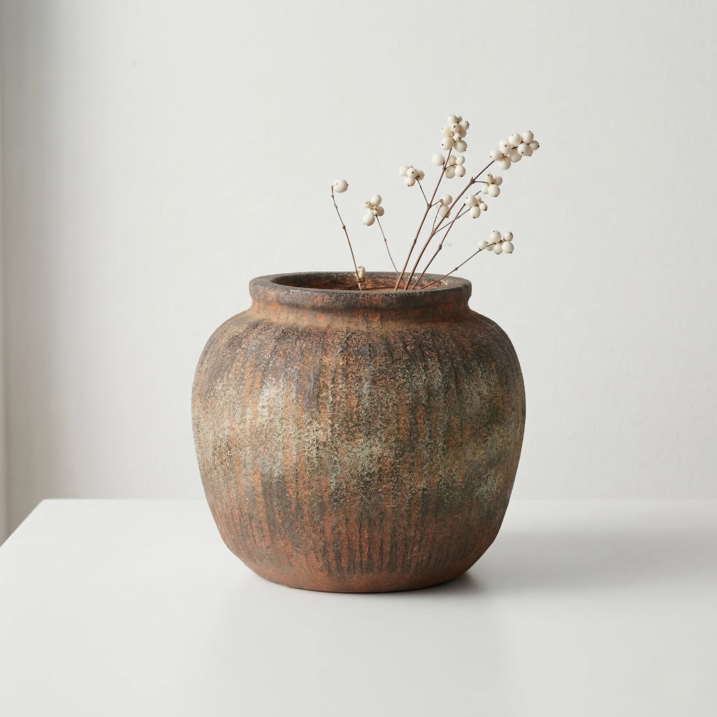 Rustic Brown Fibrestone Vertical Ribbed Decorative Vase Round