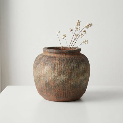 Rustic Brown Fibrestone Vertical Ribbed Decorative Vase Round