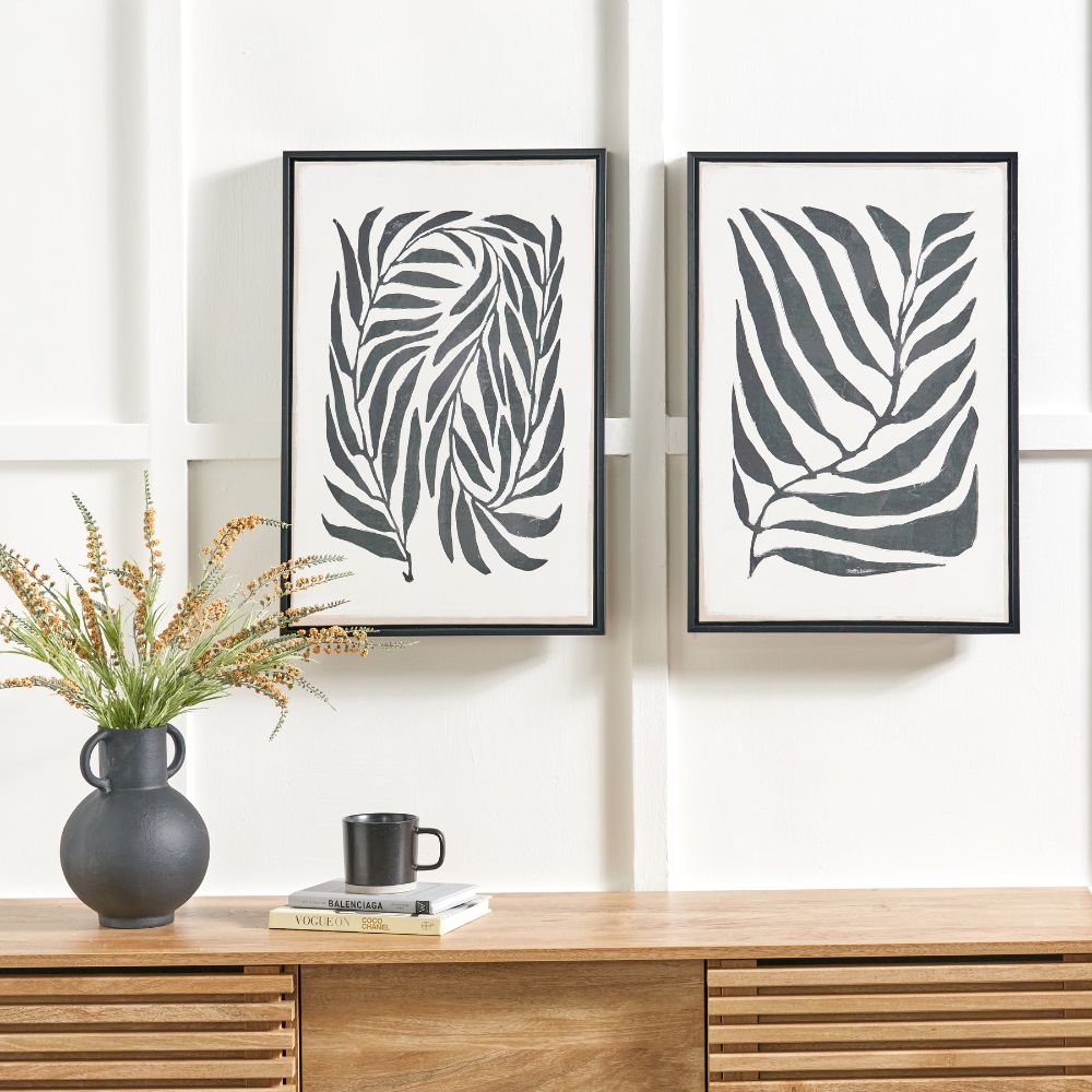 Canvases Black Leaf Print with Black Frames (Set of 2)