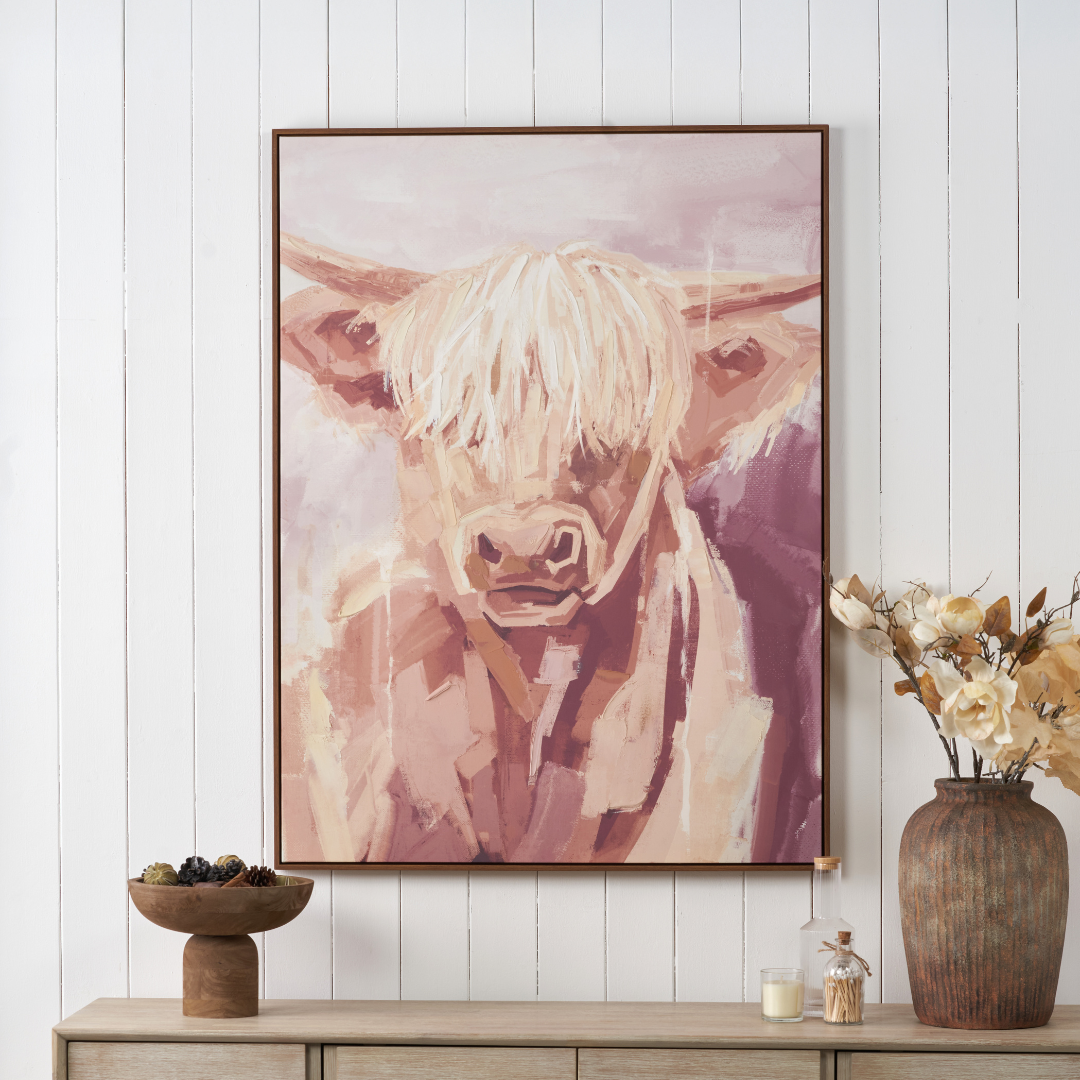 Mulberry and Naturals Highland Cow Canvas with Oak Effect Frame