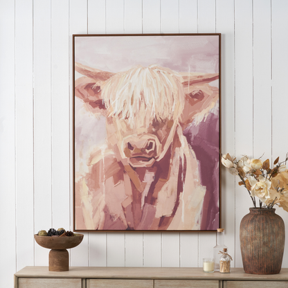 Mulberry and Naturals Highland Cow Canvas with Oak Effect Frame