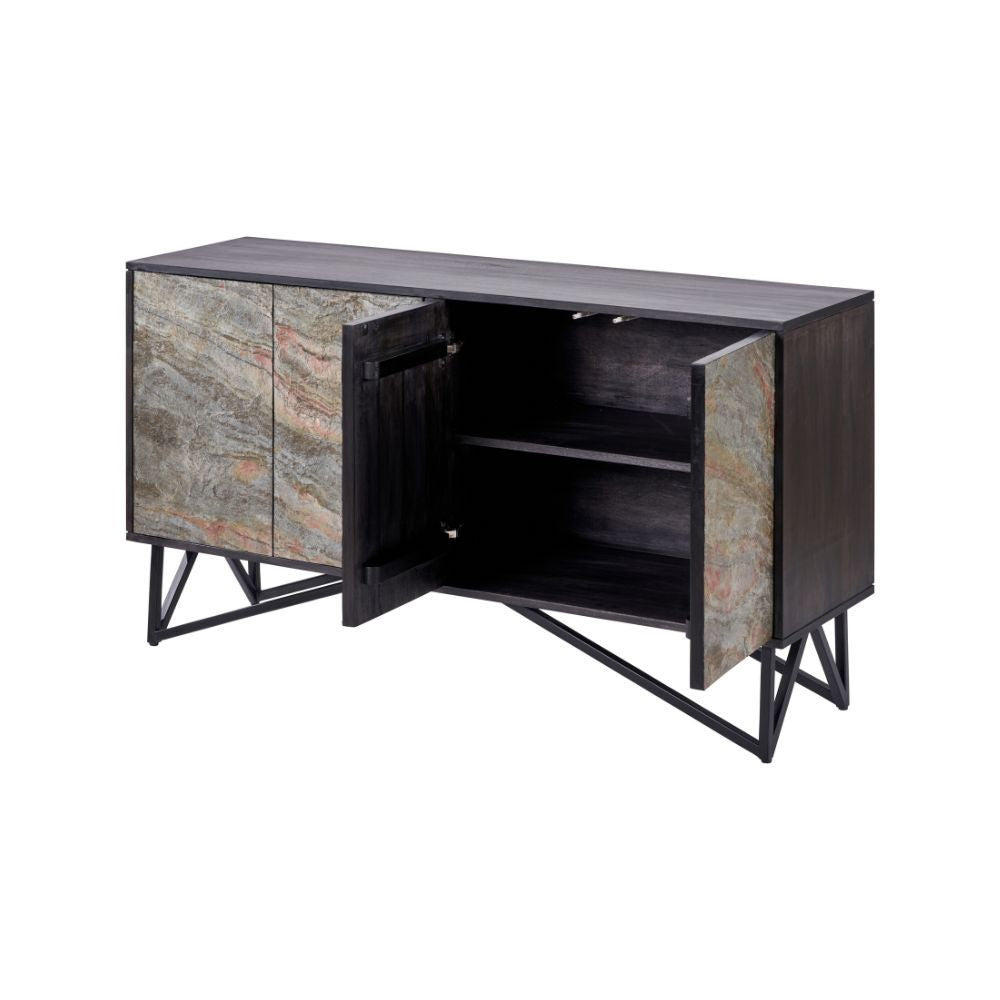 Verde Black Mango Wood and Stone Veneer 4 door Sideboard