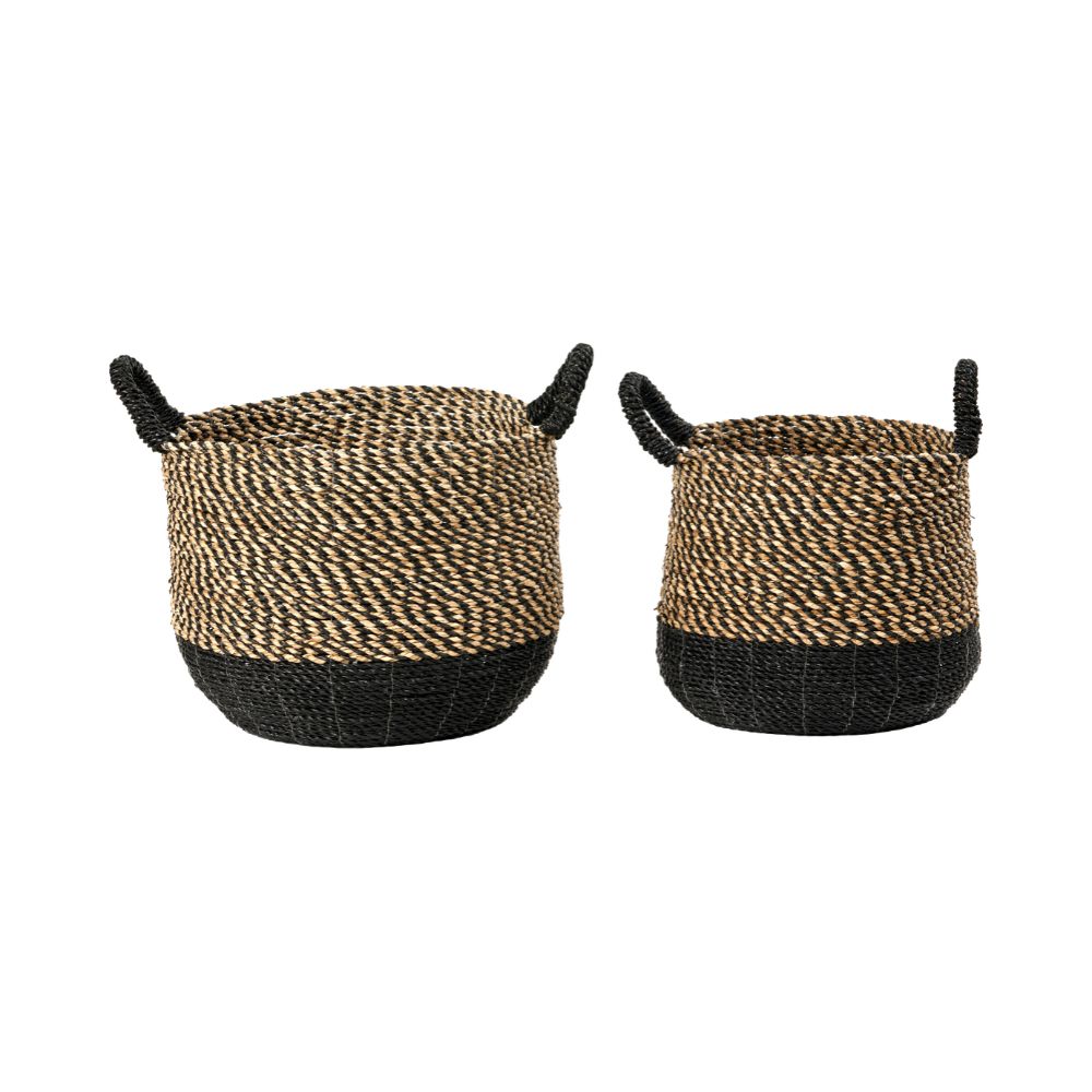 Seagrass Natural and Black Round Handled Baskets (Set of 2)