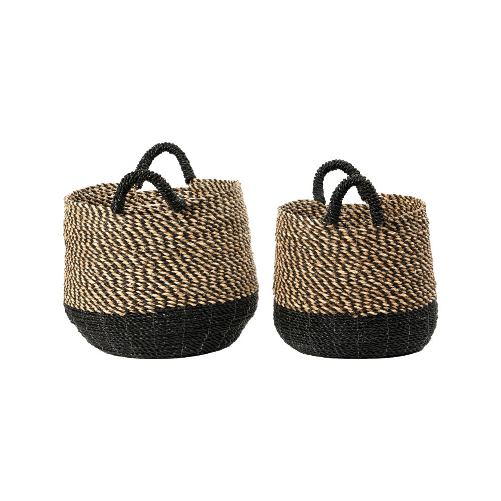 Seagrass Natural and Black Round Handled Baskets (Set of 2)